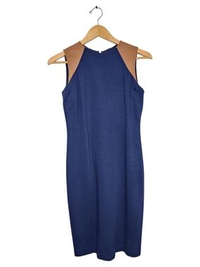 Lauren Ralph Lauren Blue Real Leather Trim Sheath Dress Petite 2P